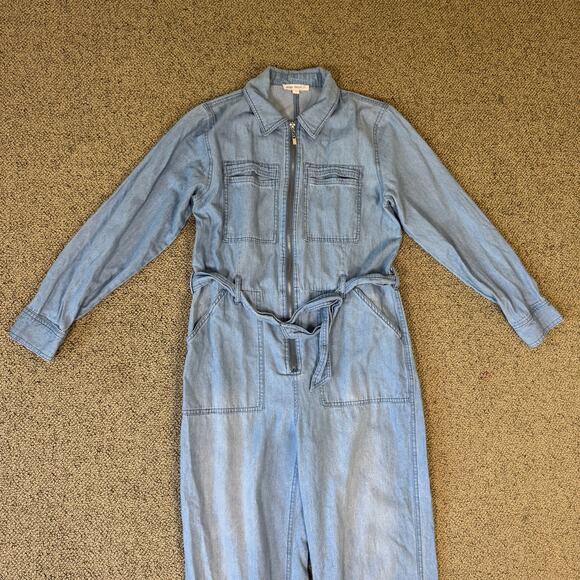 Indigo Thread Co Straight Leg Belted Cotton Denim Jumpsuit US Women's M - Picture 2 of 8